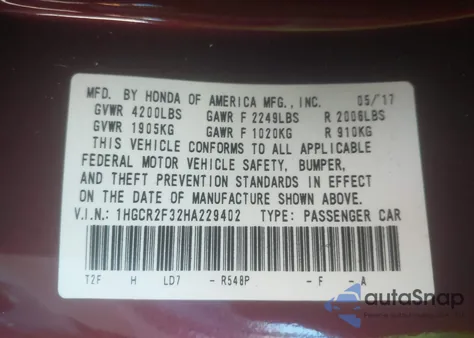 2017 Honda Accord Lx z USA, uszkodzony, nr VIN 1HGCR2F32HA229402